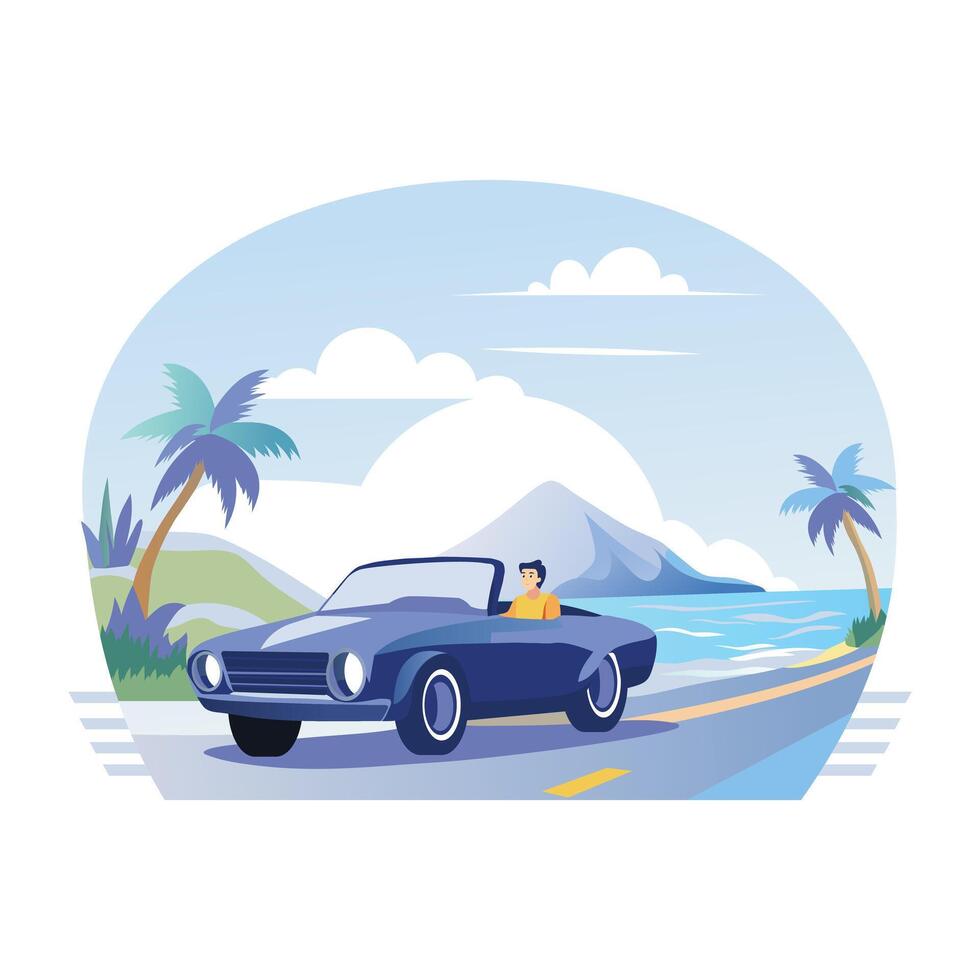 Flat illustration shows a person enjoying a scenic drive in a convertible car vector