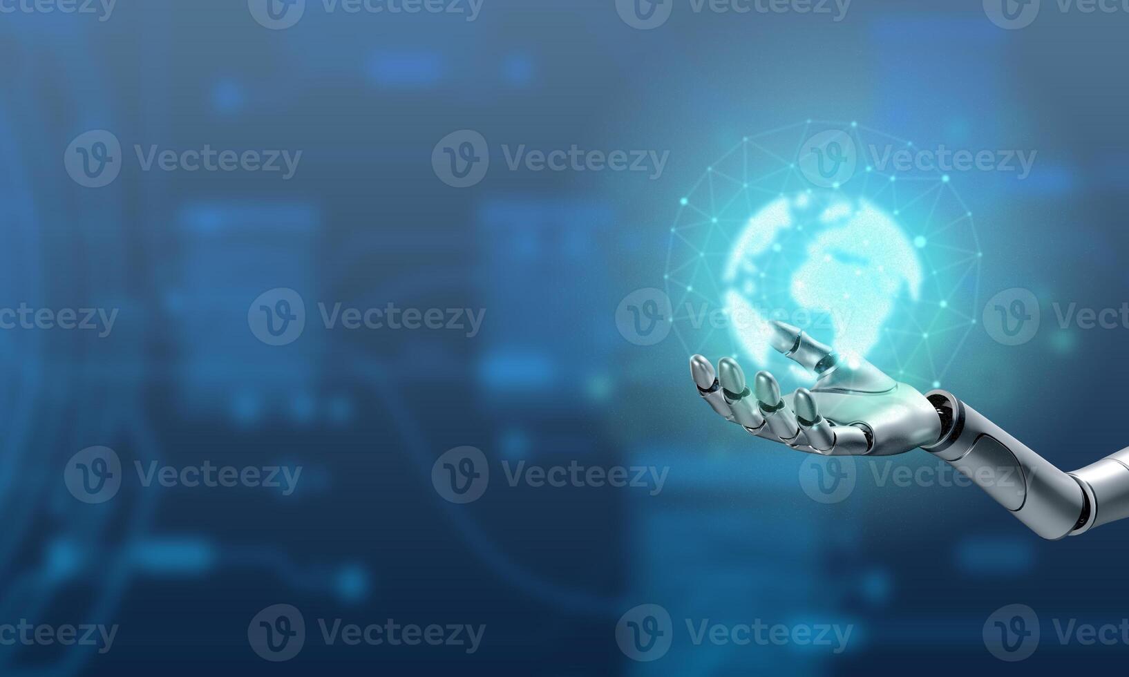 earth world planet robot hand body part holding technology sphere science futuristic global innovation blue element copy space future business cyborg ai artificial intelligence communication machine photo