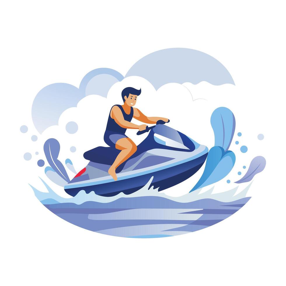 A flat illustration shows a person enjoying a thrilling jet skiing ride vector