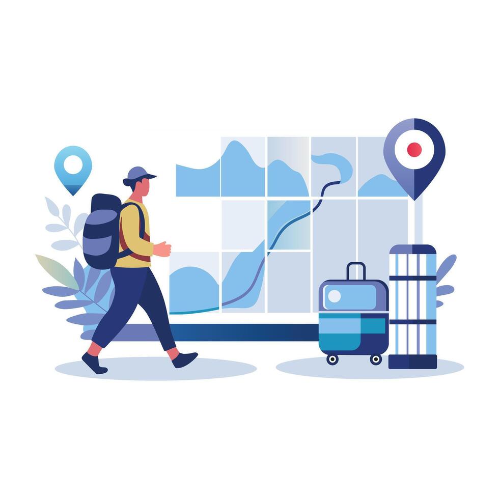 A flat style illustration showing a person finding travel location vector