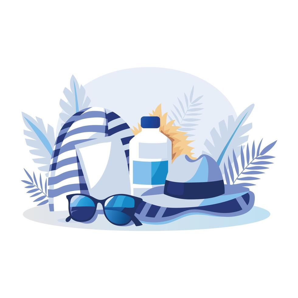 This flat illustration shows a collection of essential beach accessories vector