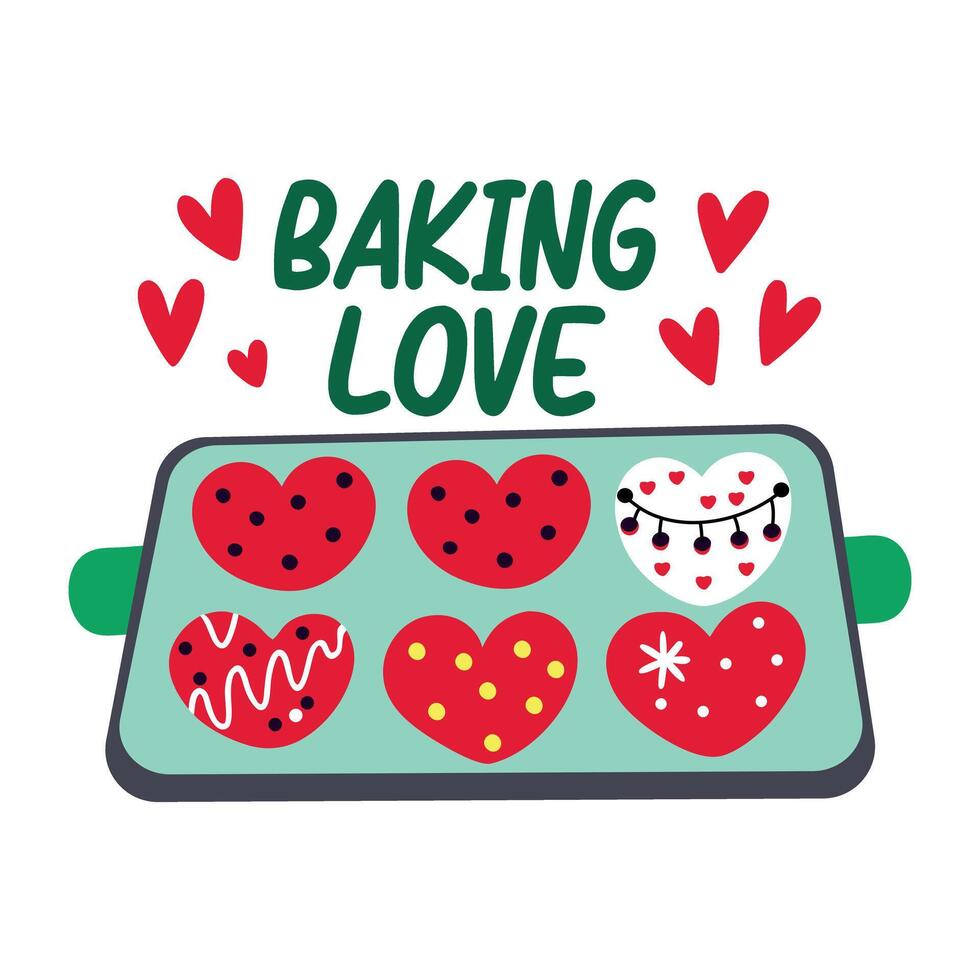 A flat sticker of a cookie tray with baking love typography vector