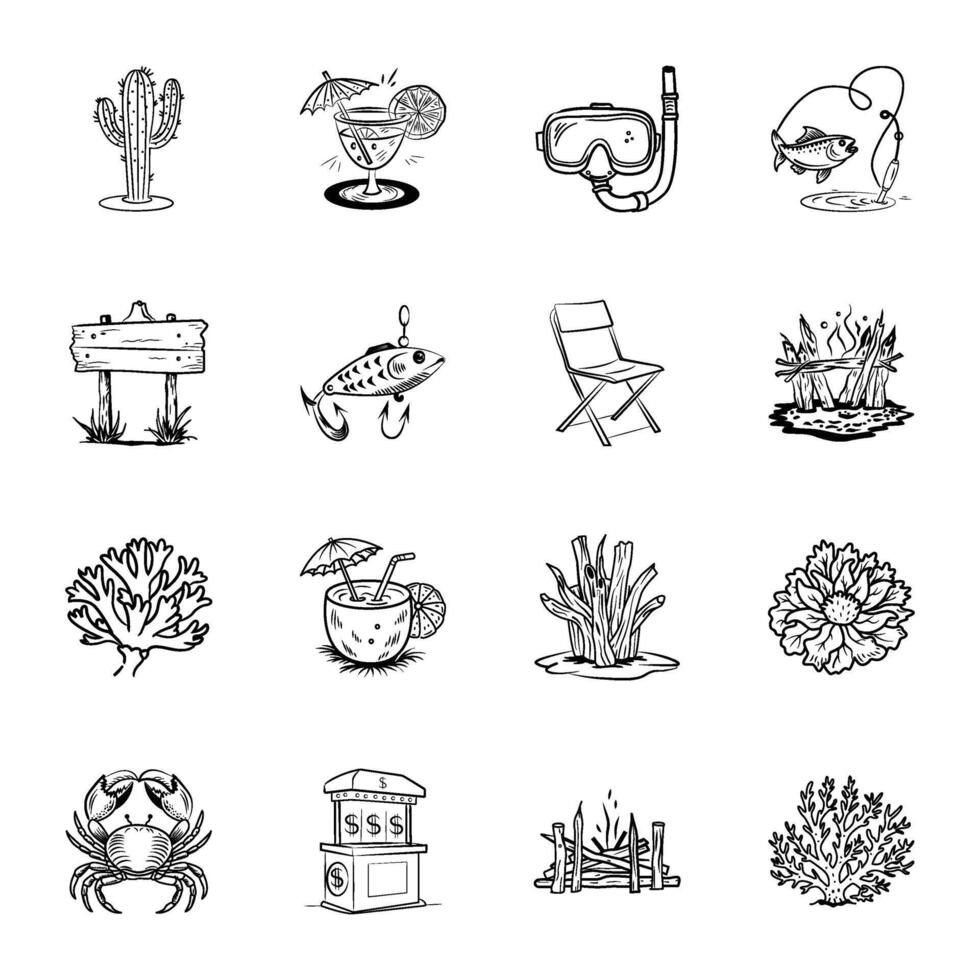 Collection of Beach Doodle Icons vector