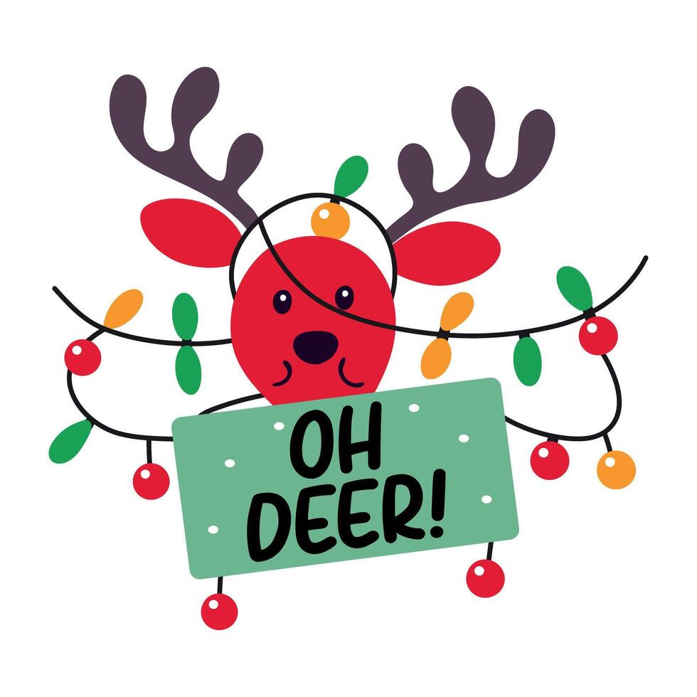A flat sticker of santa deer with oh deer typography vector