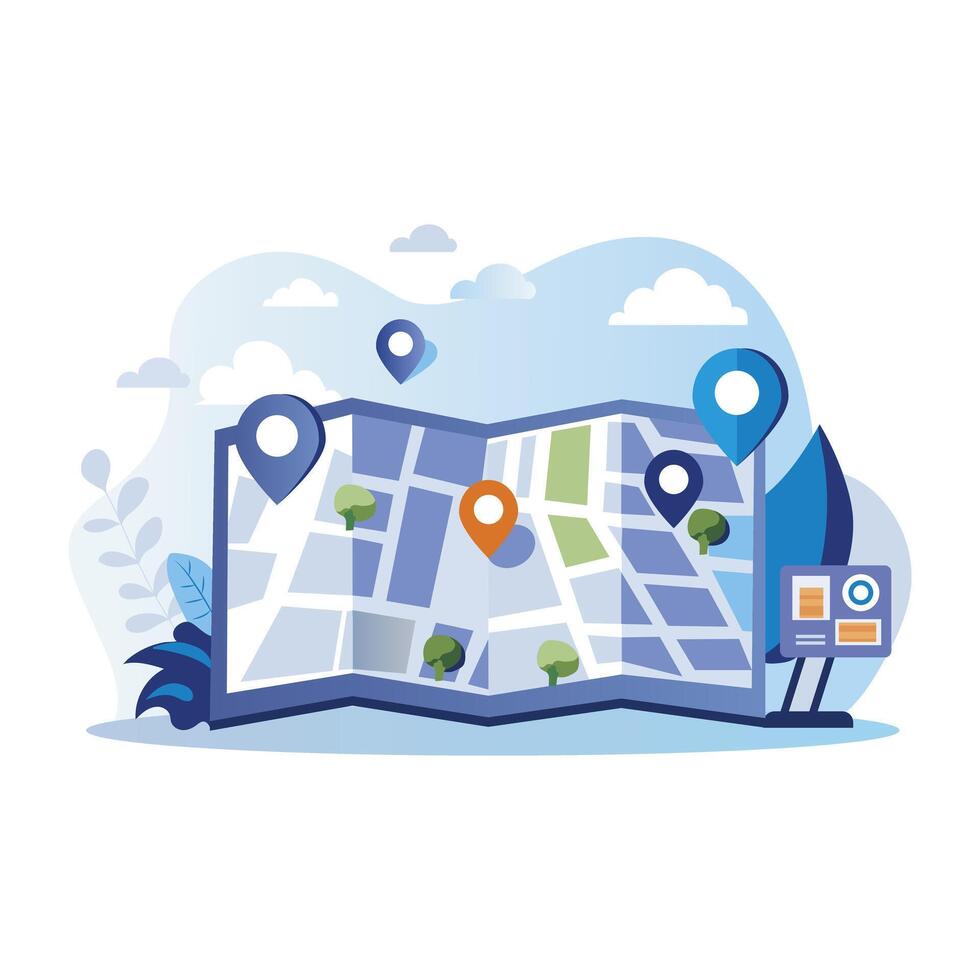 A flat style illustration of map navigation vector