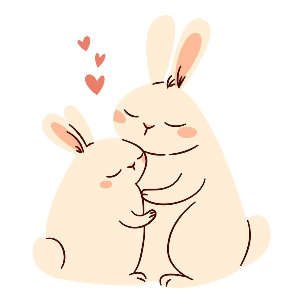 Two cute bunnies hugging, flat illustration in child style, valentine's day illustration vector