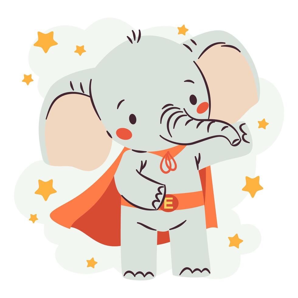Flat illustration in children's simple style. Cute elephant in superhero costume. White background vector