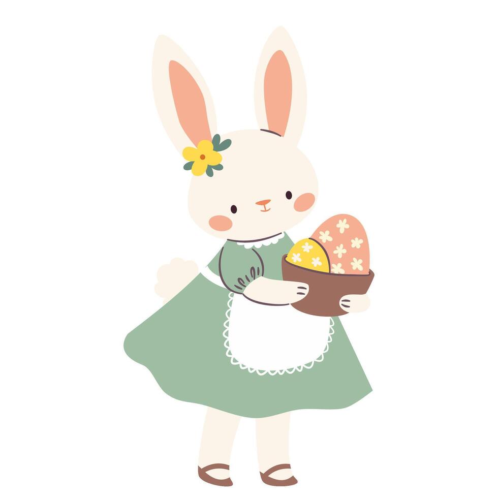 Flat illustration on Easter theme on white background. Cute bunny in a dress holding a basket with Easter eggs vector