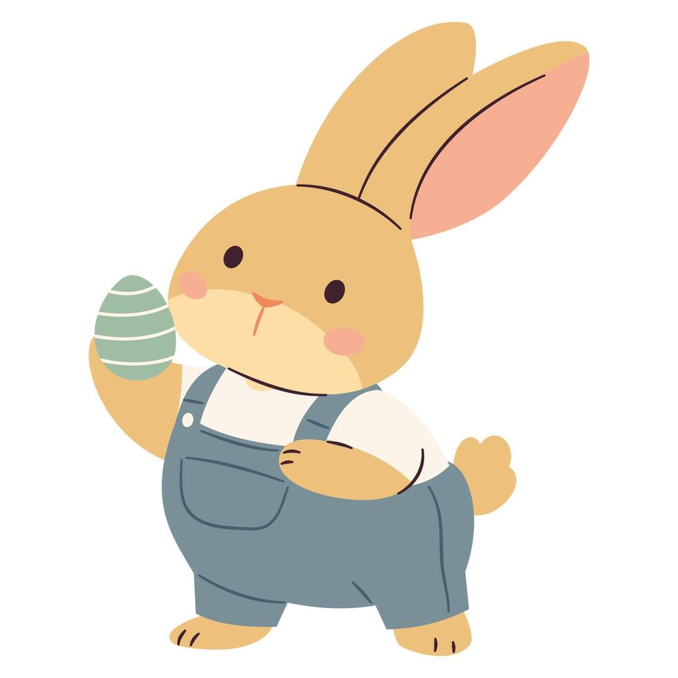 Flat illustration on Easter theme on white background. Cute bunny in denim comiison holding Easter egg vector