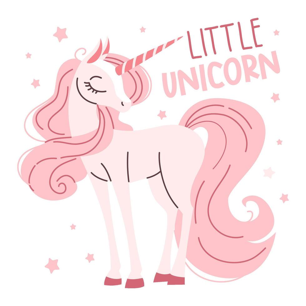 Cute magic unicorn with long mane and tail. Flat illustration in childish simple style on white background, stars and lettering vector