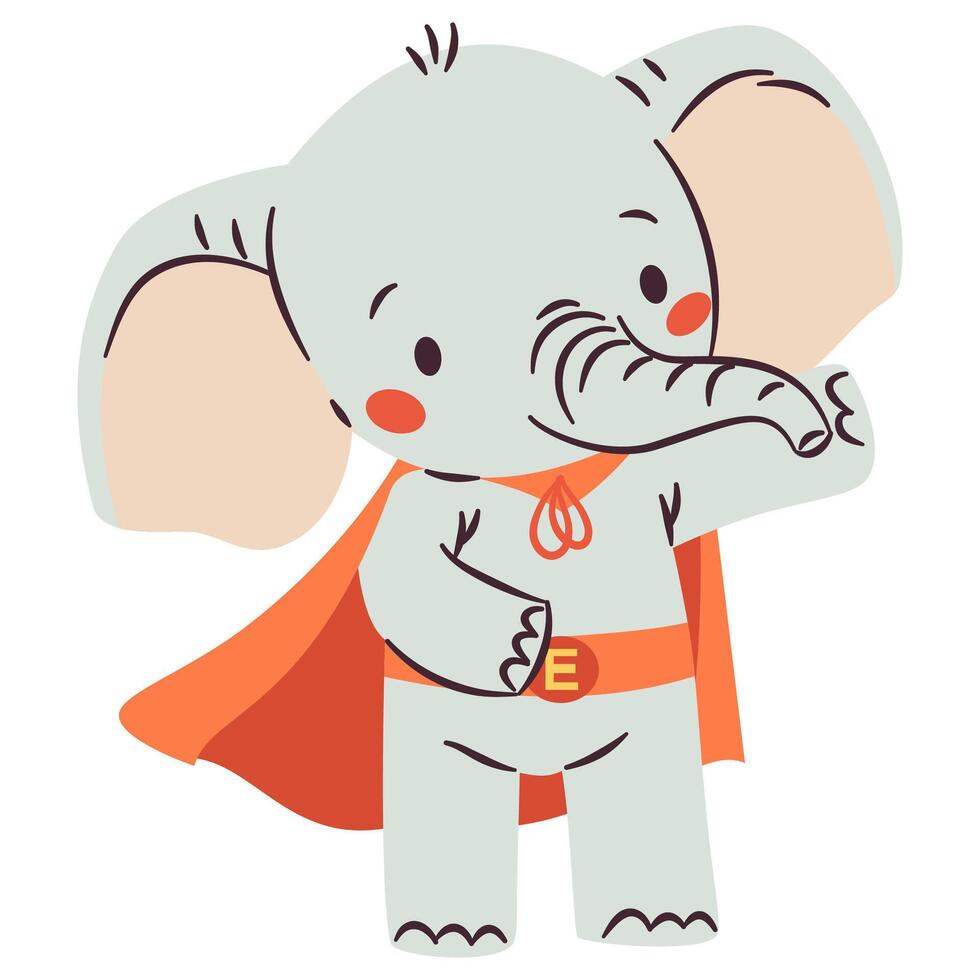 Flat illustration in children's simple style. Cute elephant in superhero costume. White background vector