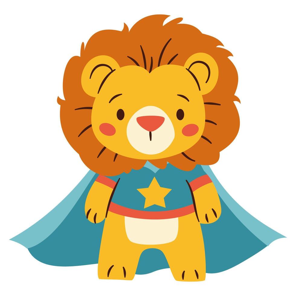 Flat illustration in children's simple style. Cute lion cub in superhero costume. White background vector