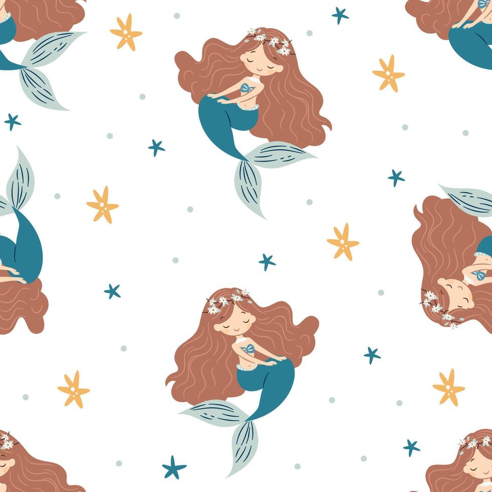 Seamless pattern, cute mermaid and starfish, white background vector