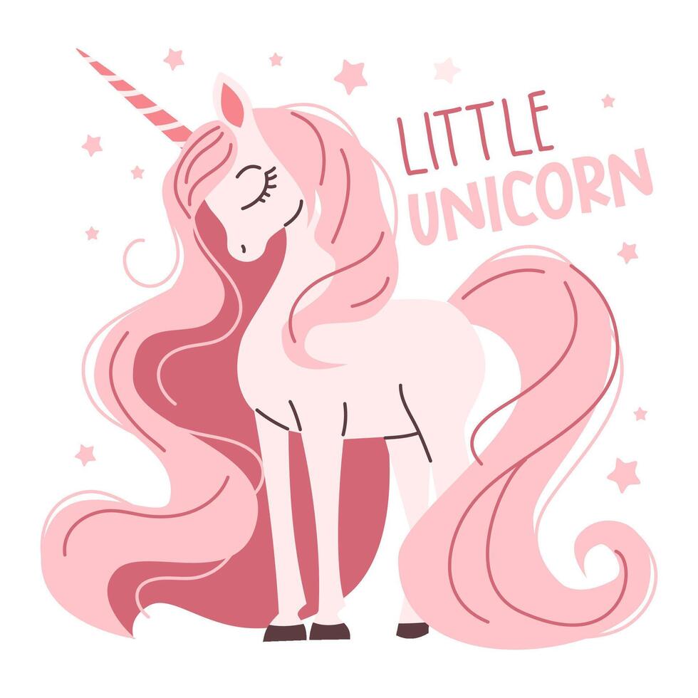 Cute magic unicorn with long mane and tail. Flat illustration in childish simple style on white background, stars and lettering vector