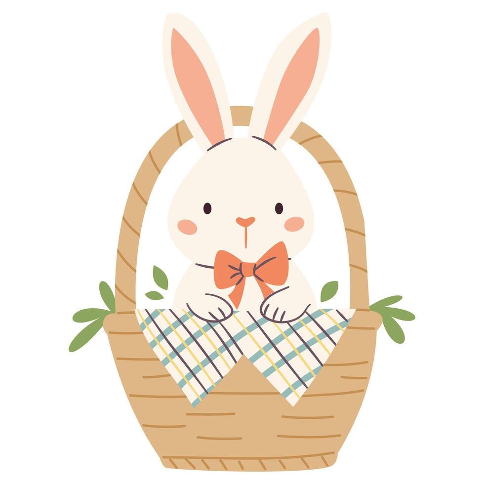 Flat illustration on Easter theme on white background. Cute Easter bunny sitting in a basket vector
