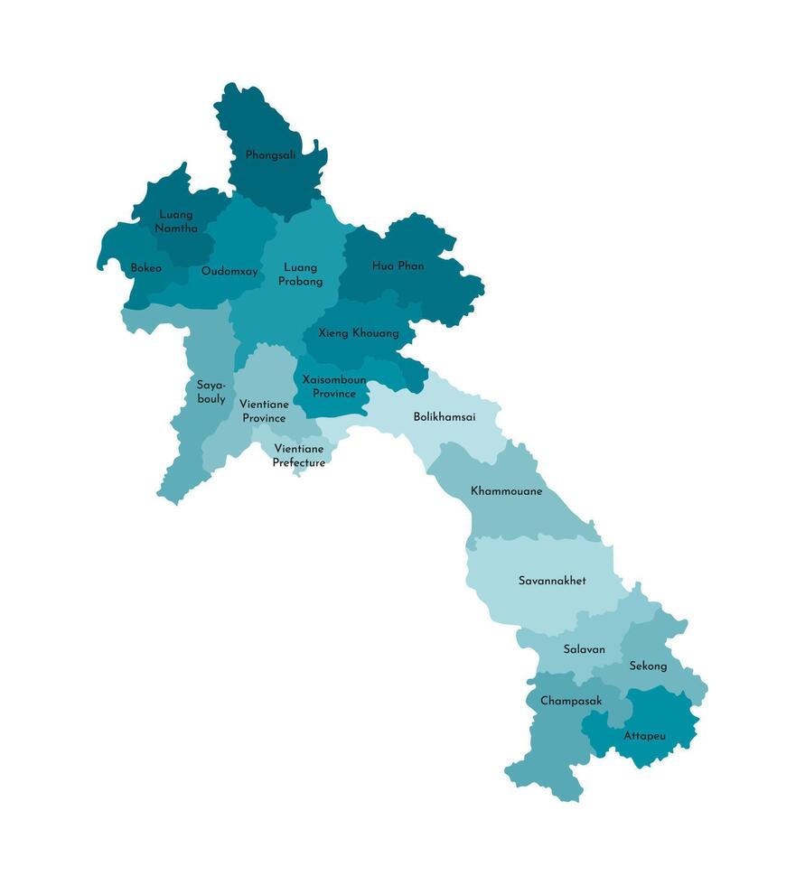 isolated illustration of simplified administrative map of Laos. Borders and names of the regions. Colorful blue khaki silhouettes vector