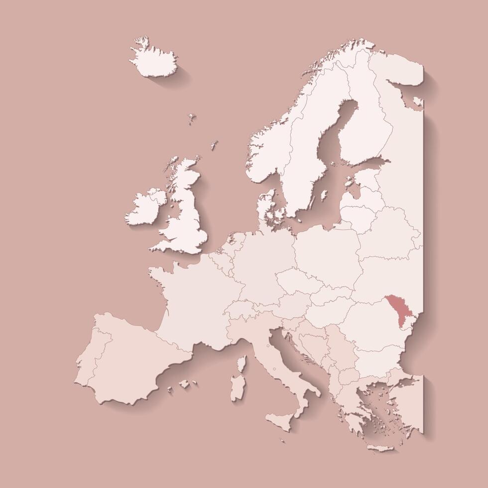 illustration with european land with borders of states and marked country Moldova. Political map in brown colors with western, south and etc regions. Beige background vector