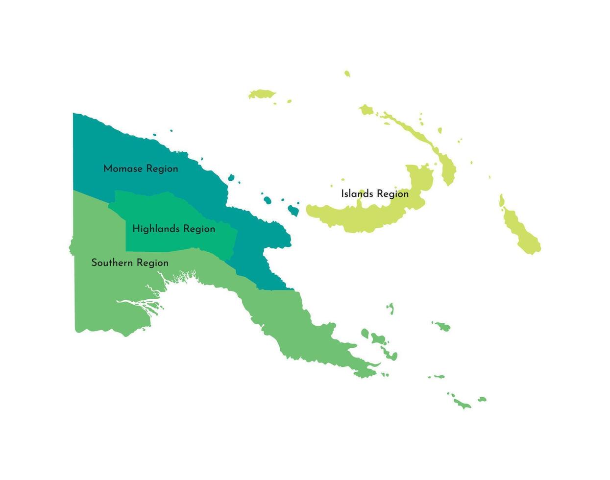 isolated illustration of simplified administrative map of Papua New Guinea. Borders and names of the regions Highlands, Islands, Momase, Southern. Green and yellow silhouettes. vector