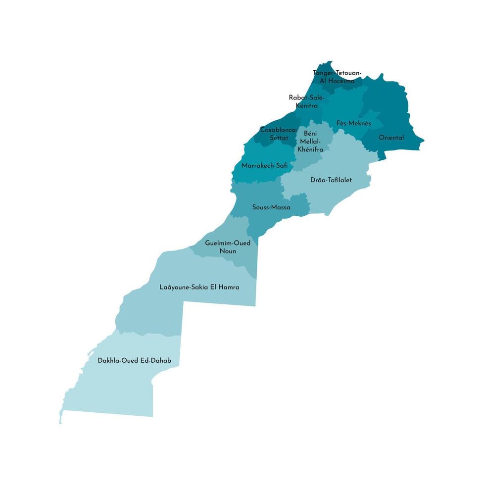 isolated illustration of simplified administrative map of Morocco, including disputed territory of Western Sahara. Borders and names of the regions. Colorful blue khaki silhouettes vector