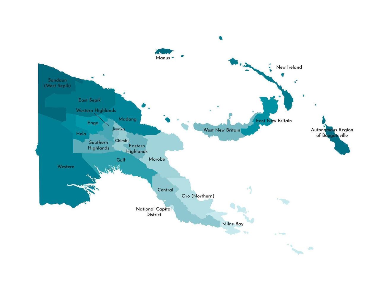 isolated illustration of simplified administrative map of Papua New Guinea. Borders and names of the province. Colorful blue khaki silhouettes vector