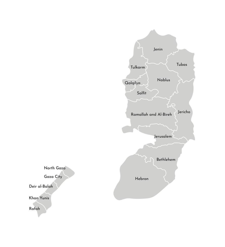 isolated illustration of simplified administrative map of Palestine. Borders and names of the governorates, regions. Grey silhouettes. White outline vector