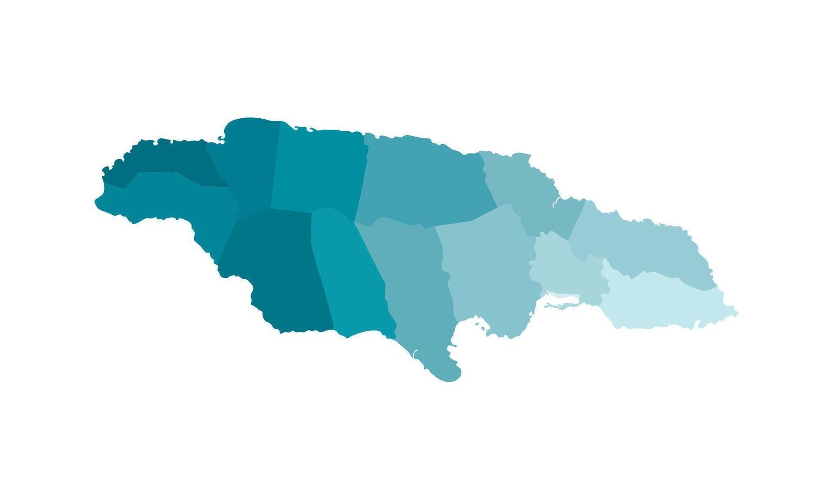 isolated illustration of simplified administrative map of Jamaica. Borders of the parishes, regions. Colorful blue khaki silhouettes. vector