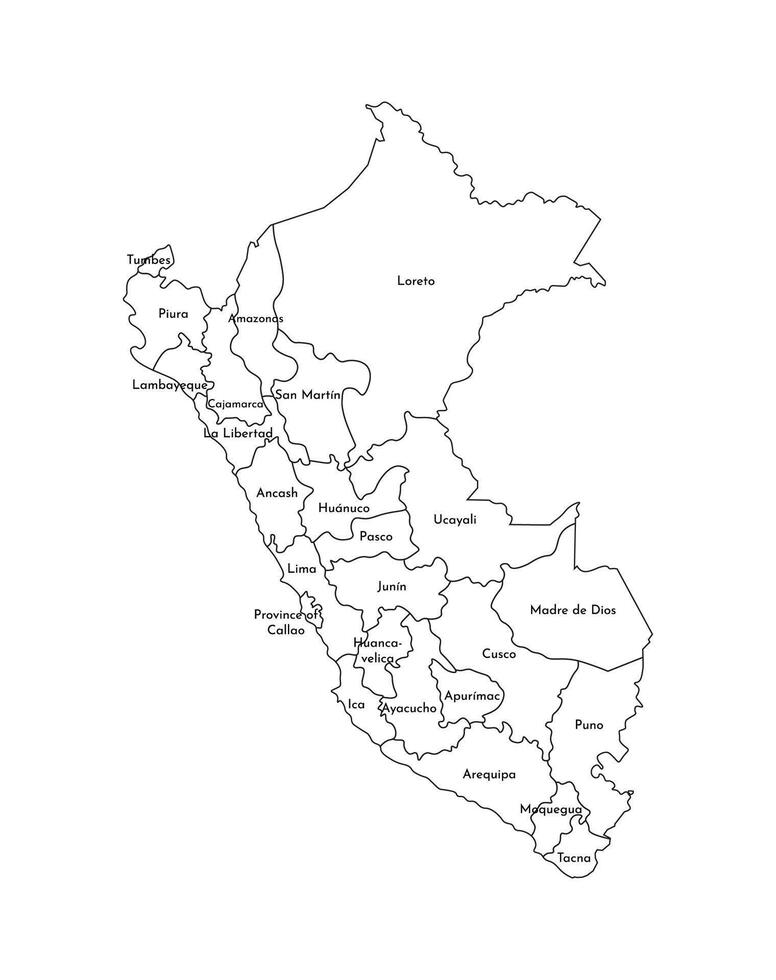 isolated illustration of simplified administrative map of Peru. Borders and names of the departments, regions. Black line silhouettes. vector