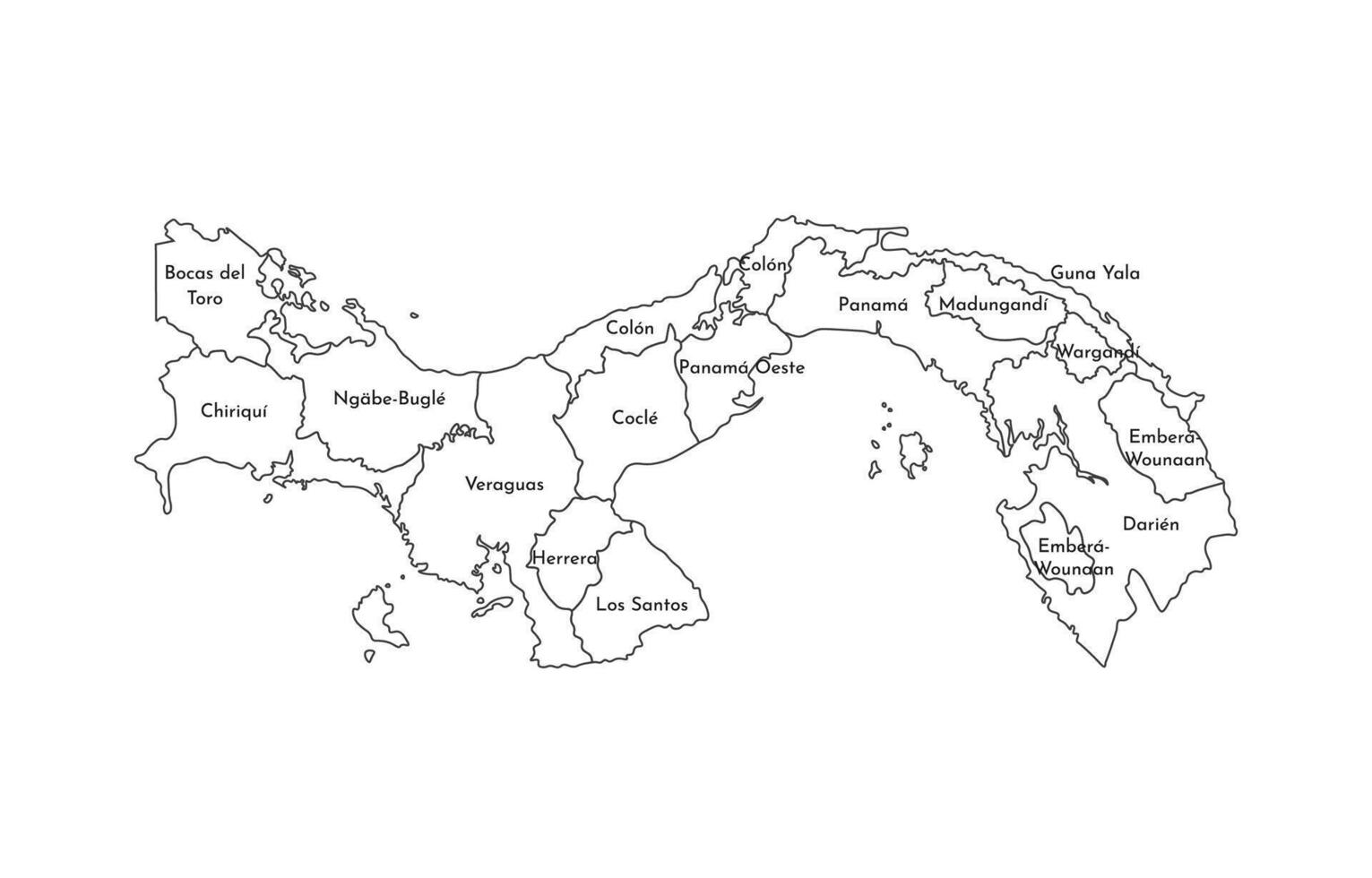 isolated illustration of simplified administrative map of Panama. Borders and names of the provinces, regions. Black line silhouettes. vector