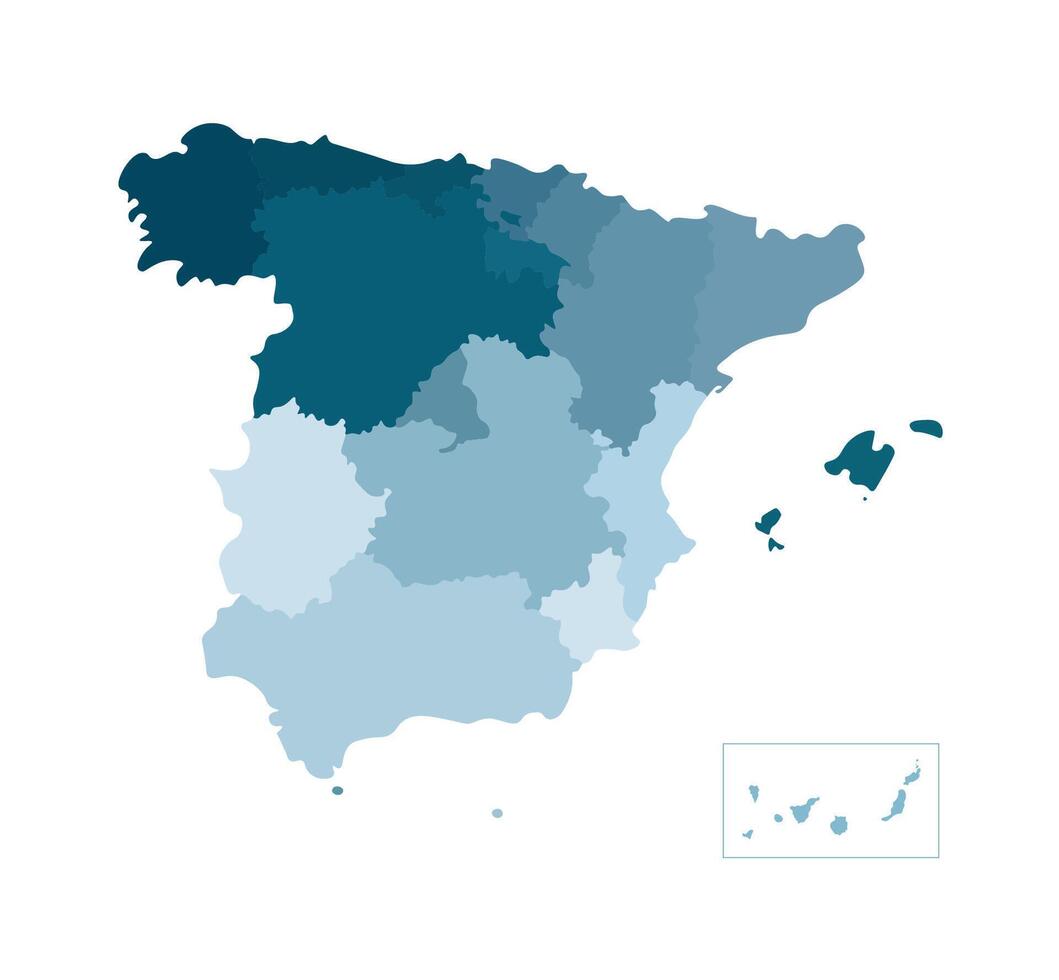 isolated illustration of simplified administrative map of Spain. Borders of the counties. Blue silhouettes. White background vector