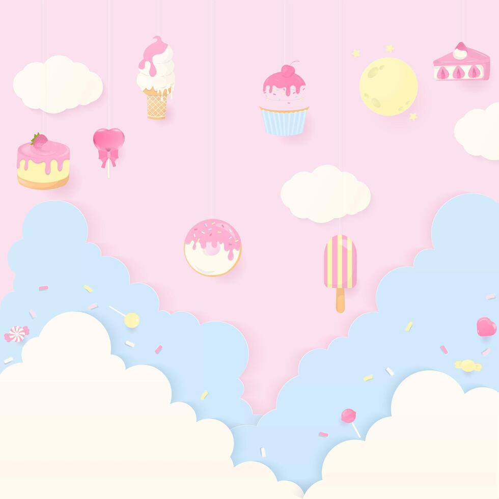 Sweet bakery with pastel clouds background vector