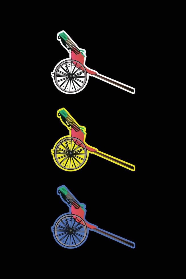 Sticker of Kolkata hand-pulled rickshaw and yellow taxi. Two-wheeler, yellow rickshaw side view vector