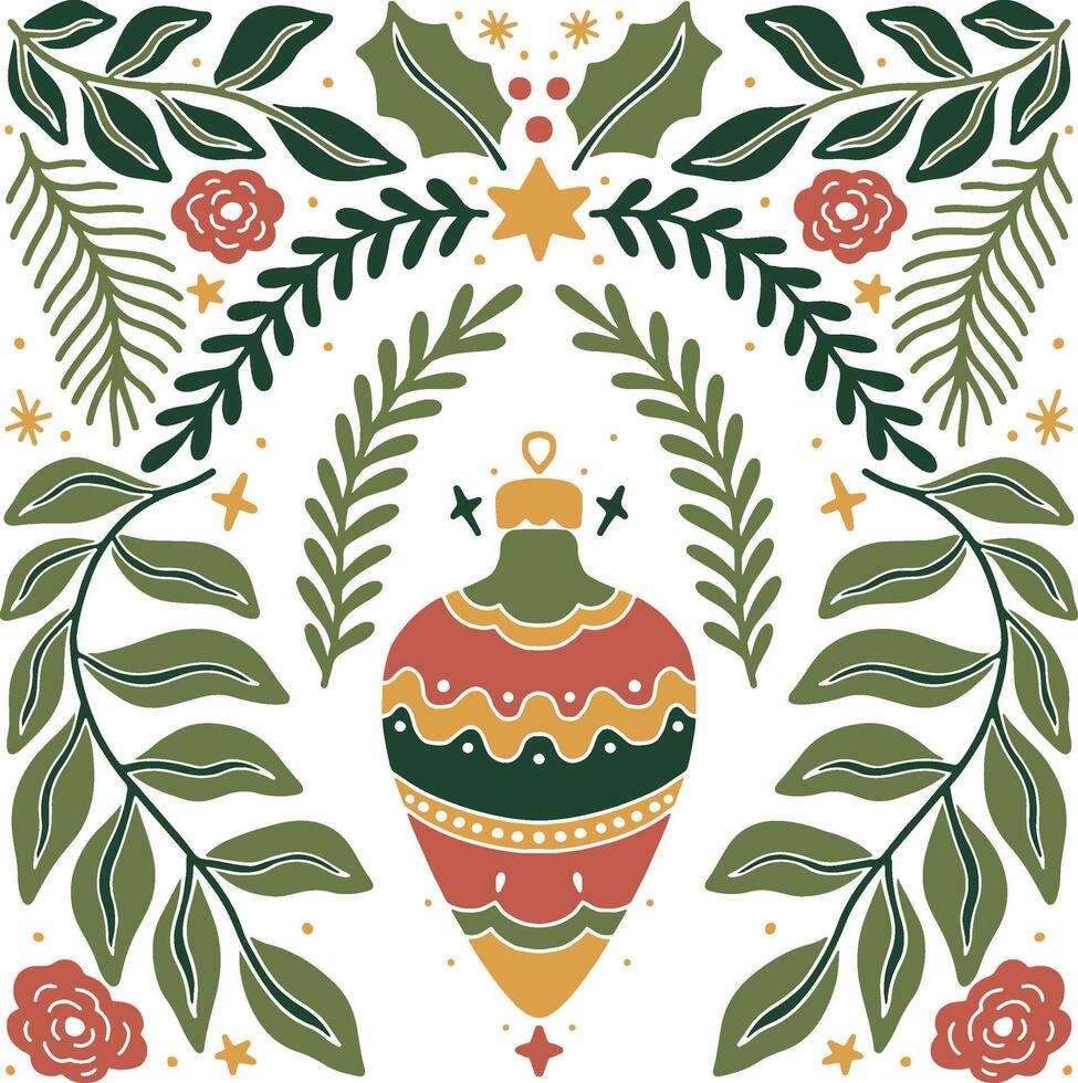 Vintage Christmas Ornament with Floral Greenery Design vector