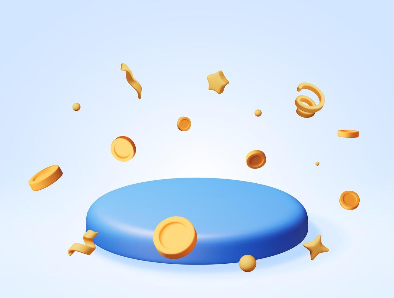 3D podium with flying coins and confetti around. Render pedestal with money. Win celebration concept. Growth, income, savings, investment. vector