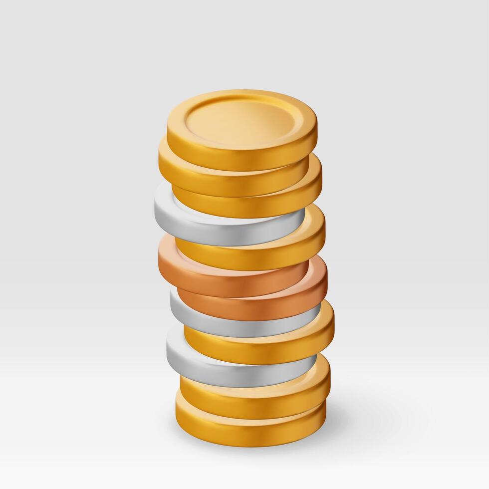 3D stack of gold, silver and bronze coins. Pile of american dollar coin render. Dollar golden money sign. Growth, income, savings, investment. vector