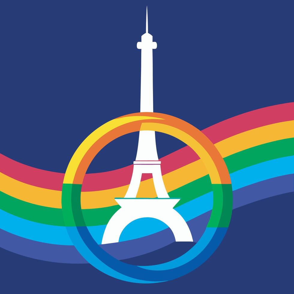The eiffel tower is shown in a rainbow colored background vector