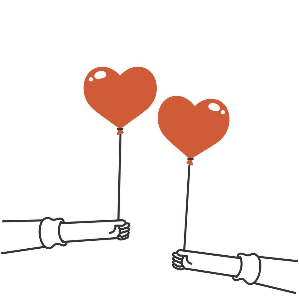 two hands holding red balloons shaped like hearts vector