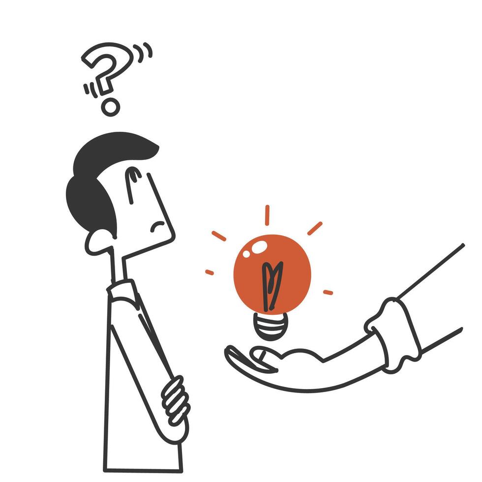 a cartoon man is giving a light bulb to another person vector