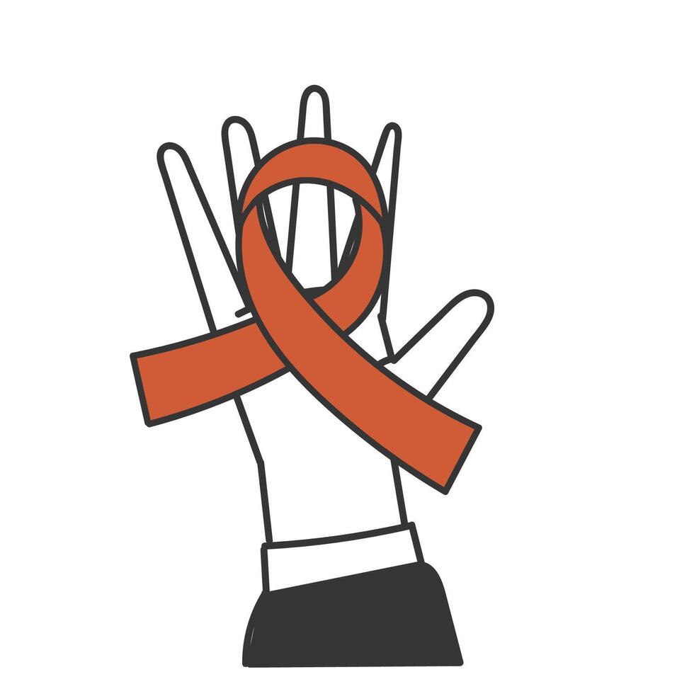 a hand holding an red ribbon vector
