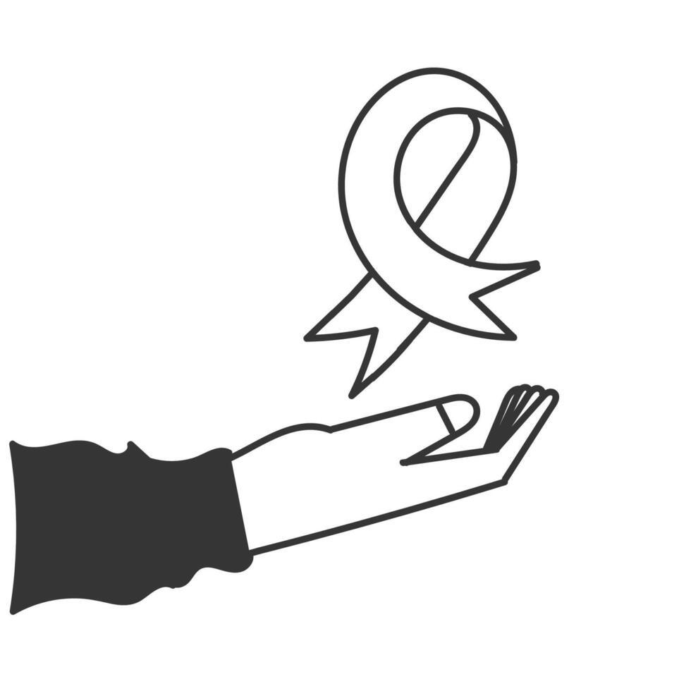 hand holding a ribbon icon, black and white vector