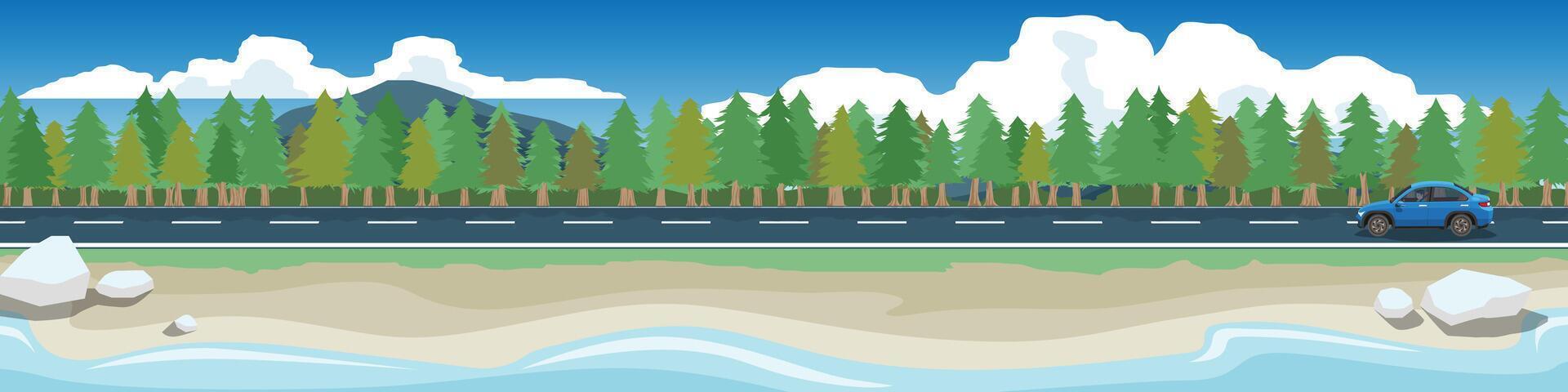 or Illustration of a Luxury blue car on the asphalt road. for banner. Traffic on the beach road. Background covered with pine trees. Big mountain under blue sky and white clouds. vector
