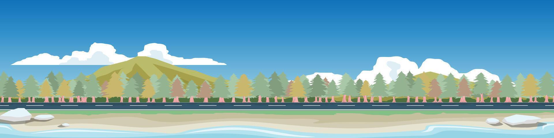 Horizontal view of Asphalt road. Foreground of sea beach. Background of pine trees forest. With mountain under the white clouds and blue sky. vector