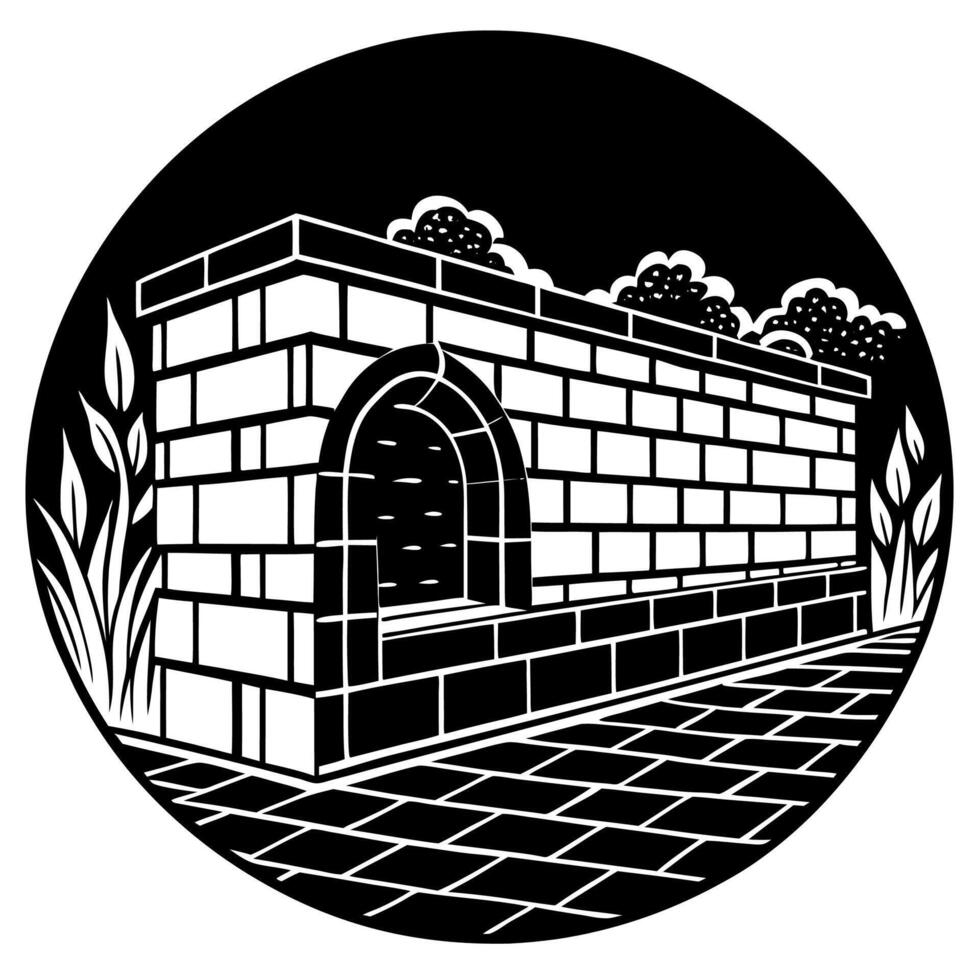 A brick oven in a circle with a black and white image vector