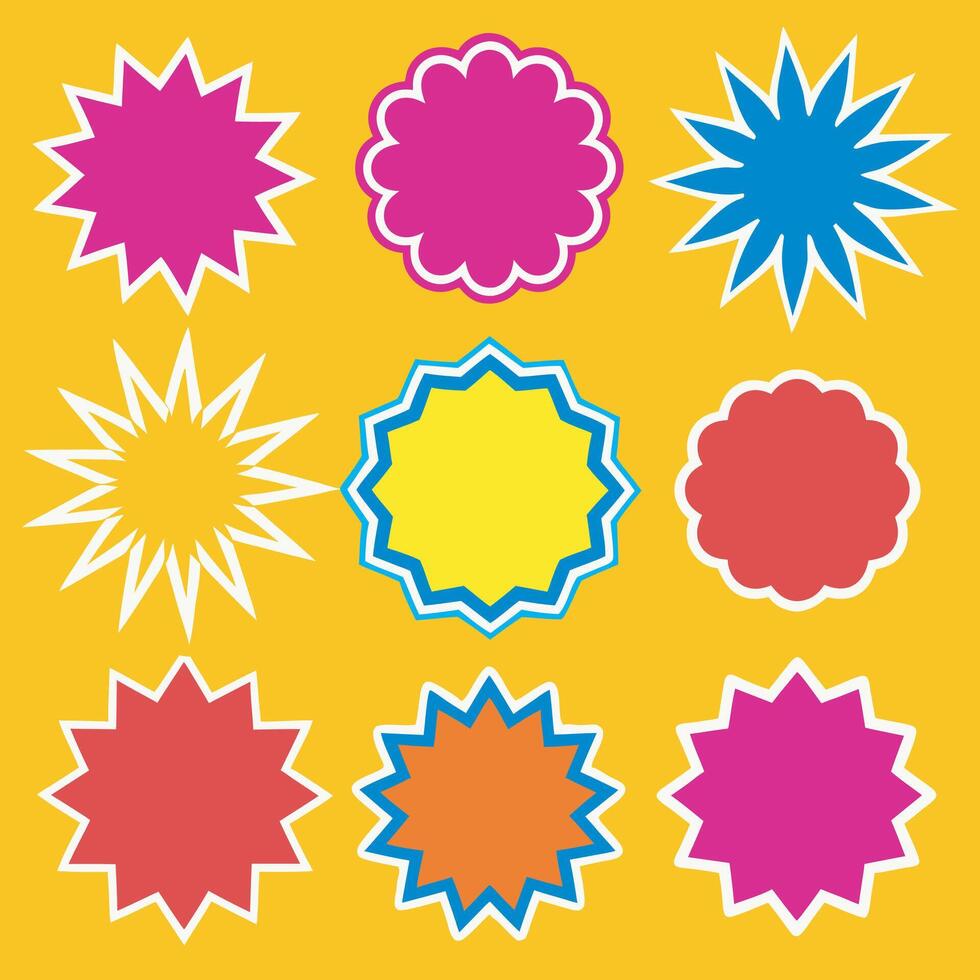 A set of colorful starburst stickers on a yellow background vector