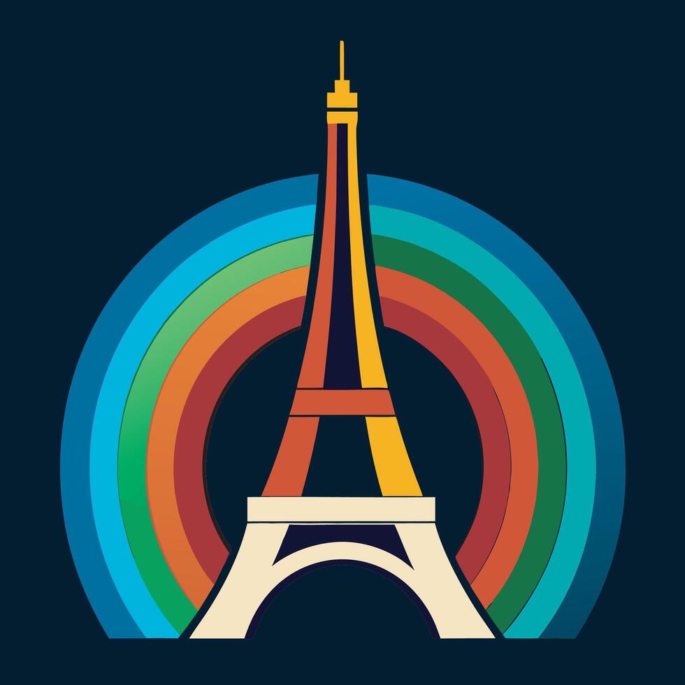 The eiffel tower is shown in a rainbow colored background vector