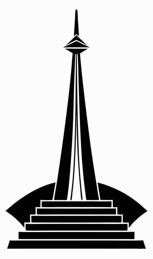 A black and white image of a tower with a large flag vector