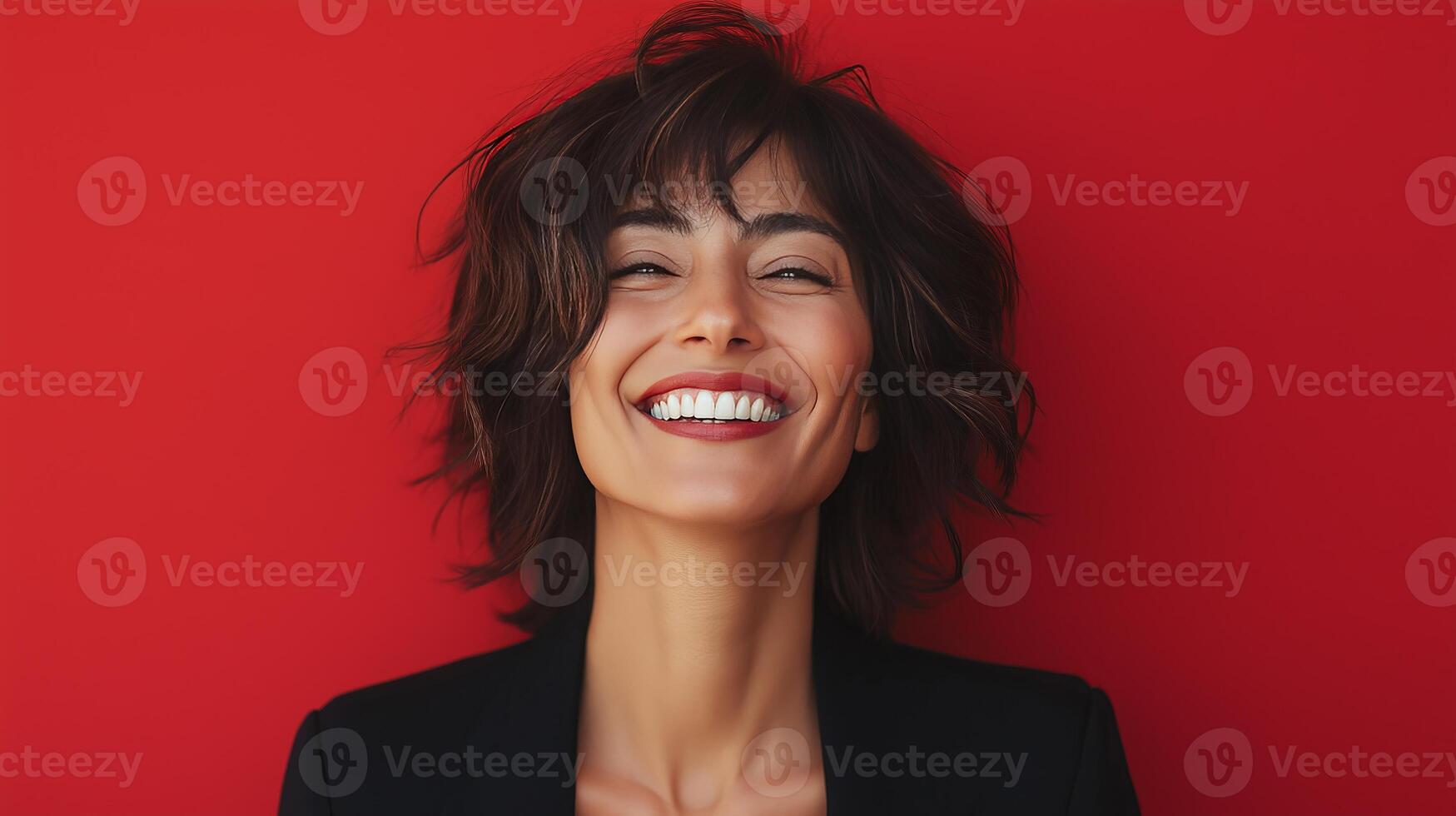 A smiling 40 years old businesswoman on a red background with copy space photo