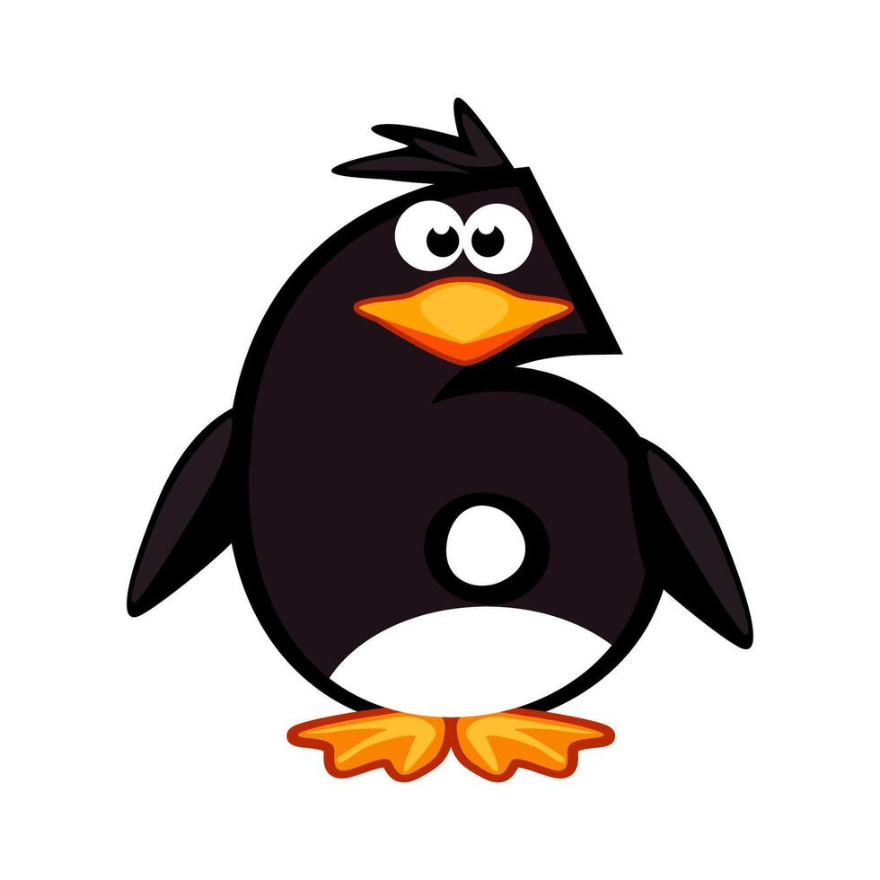 Cartoon number 6 like penguin, figure Six. Cartoon of number with a animal concept. Calligraphy, lettering, typography for your Education cards or game vector