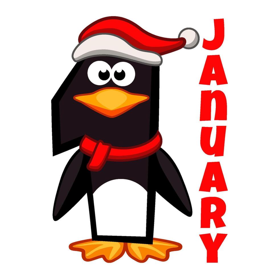Illustration 1January -Happy New Year with penguin number. Calendar Date vector