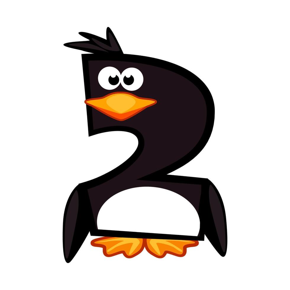 Cartoon number 2 like penguin, figure Two. Cartoon of number with a animal concept. Calligraphy, lettering, typography for your Education cards or game vector