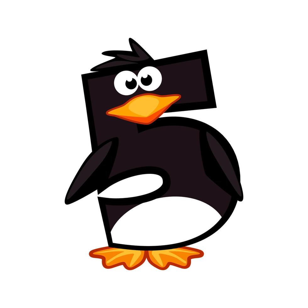 Cartoon number 5 like penguin, figure Five. Cartoon of number with a animal concept. Calligraphy, lettering, typography for your Education cards or game vector